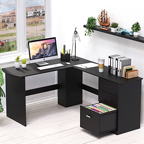 SHW L-Shaped Home Office Wood Corner Desk w/Box Box File Drawers, Black | 51 x 59 Inches | 2 Pre-installed Grommets - color: Black
