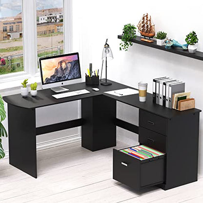 SHW L-Shaped Home Office Wood Corner Desk w/Box Box File Drawers, Black | 51 x 59 Inches | 2 Pre-installed Grommets - color: Black