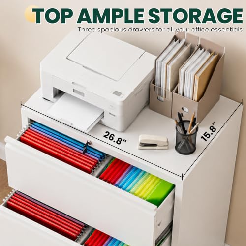 3 Drawer Lateral File Cabinet with Lock, File Cabinet for Home Office,White | Heavy-Duty Steel Locking File Cabinet, Hanging Letter/Legal/A4 Size, Full-Extension Silent Drawer, Un-Assembly - color: White, size: 3 Drawers