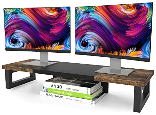 WESTREE Dual Monitor Stand Riser, Wood and Steel Multi-Purpose Desktop Storage Stand for 2 Monitors for Computer, Laptop, Printer, TV, Rustic Brown - color: Rustic Brown