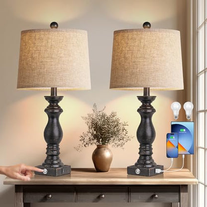 24.5" Table Lamp Set of 2, Rustic Farmhouse Bedside Lamps with USB A+C Charging Ports, 3-Way Dimmable Touch Control Nightstand Lamps for Living Room Bedroom, Antique Black, LED Bulbs Included - color: Antique Black