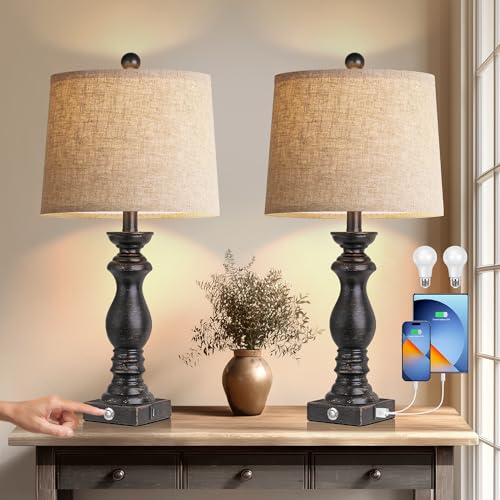 24.5" Table Lamp Set of 2, Rustic Farmhouse Bedside Lamps with USB A+C Charging Ports, 3-Way Dimmable Touch Control Nightstand Lamps for Living Room Bedroom, Antique Black, LED Bulbs Included - color: Antique Black