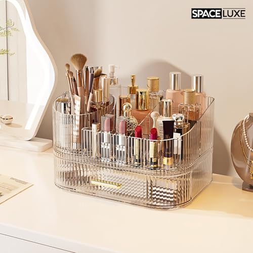 Makeup Organizer with Drawers, 360° Rotating Brush Holder | 2-Tier, Cosmetic storage for vanity, skincare, perfume, hair accessories, lipstick and jewelry, Clear - color: Clear, size: 2-layer