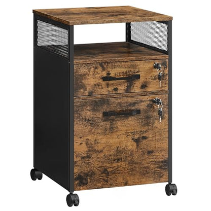 VASAGLE 2 Drawer File Cabinet with Lock, Rolling Printer Stand - color: Rustic Brown + Ink Black, style: with Lock and Fences