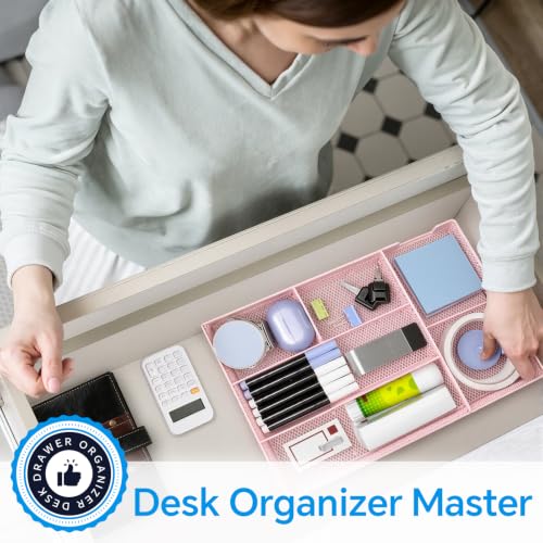 Desk Drawer Organizer, Office Drawer Divider Organizer Tray with 6 Compartments, Metal Mesh Desktop Organization and Accessories for Stationery Makeup Kitchen Toolroom School ＆Office (Large-Pink) - size: Large-Pink