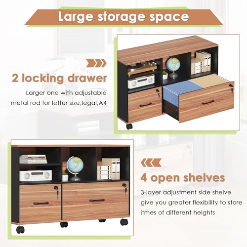 2 Drawer File Cabinet for Home Office, Lockable Rolling Filing Cabinet with Adjustable Shelves, Wood Lateral File Cabinet with Lock, Printer Stand Office Storage Cabinet, Rustic Brown & Black - color: Walnut and Black-2 Drawers