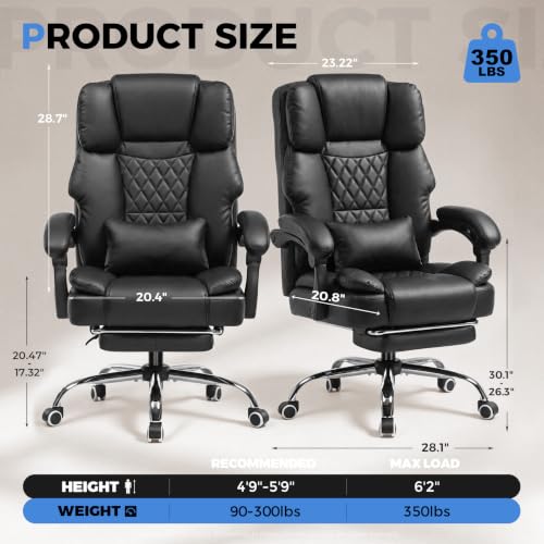 GTPLAYER Executive Office Chair Big and Tall Leather Gaming Chair with Pocket Spring Cushion & Ergonomic Lumbar Support for Lower Back Pain Relief, Comfy Desk Chair with Footrest, Black - color: Black, Leather