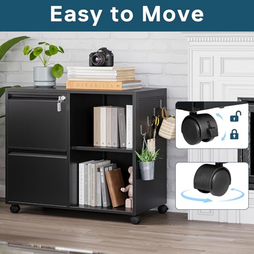 MIIIKO 2 Drawer File Cabinet with Lock, Metal Lateral Rolling Printer Stand Filing Cabinets with Drawers for Home Office,A4, Letter Size File Folders(Black) - color: Black, size: 2 Drawer-31.5"W -Mobile-a