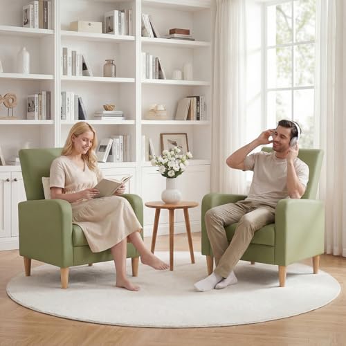 COLAMY Accent Chairs Set of 2, Faux Leather Living Room Chairs with Back Pillow & Solid Wood Legs, Mid-Century Modern Chairs, Comfy Upholstered Armchair for Living Room, Bedroom, Light Green - color: Light Green, size: Set of 2