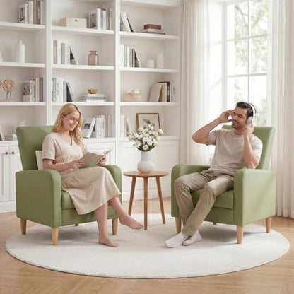 COLAMY Accent Chairs Set of 2, Faux Leather Living Room Chairs with Back Pillow & Solid Wood Legs, Mid-Century Modern Chairs, Comfy Upholstered Armchair for Living Room, Bedroom, Light Green - color: Light Green, size: Set of 2