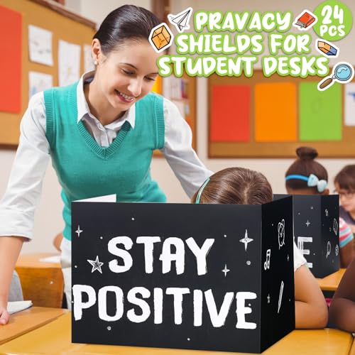 Honoson 24 Pcs Inspirational Privacy Folders for Students | Cardboard Desk Shields with Motivational Words, 6 Designs for Classroom Study, Tri-fold Exam Dividers, Bulk Test Boards - style: Monochromatic