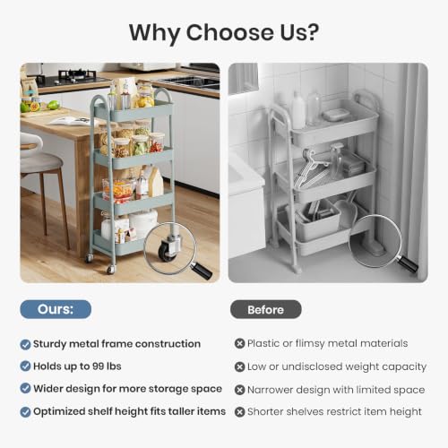 DUMOS 4 Tiers Rolling Utility Cart, Storage Organizer, Shelving Unit | Metal, Lockable Wheels, Mobile, Kitchen, Bathroom, Laundry, Narrow Places, Light Green - color: 4-tier Green