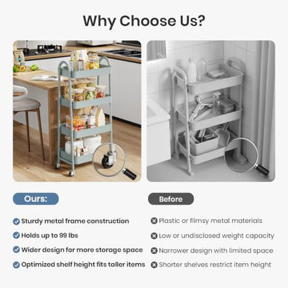 DUMOS 4 Tiers Rolling Utility Cart, Storage Organizer, Shelving Unit | Metal, Lockable Wheels, Mobile, Kitchen, Bathroom, Laundry, Narrow Places, Light Green - color: 4-tier Green