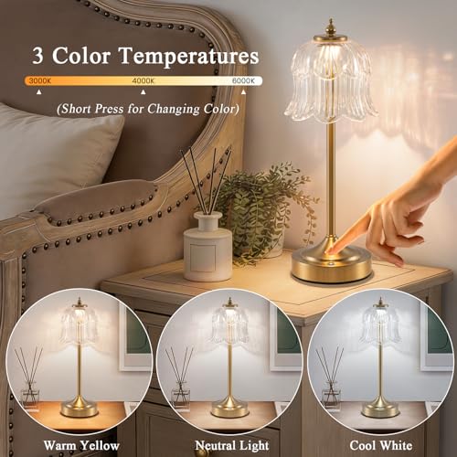 Cordless Table Lamp, Touch Control, 6000mAh Rechargeable Battery-Operated Portable Lamp, 3 Color Temperatures & Stepless Dimming, Vintage Bedside Lamp for Bedroom, Office & Desk, Clear Rose - color: Rose Transparent