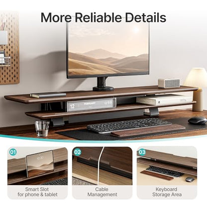 Dual Clamp-On Wooden Monitor Stand, 41.7" 2-Tier Desk Riser Organizer | Monitor Stands Riser for 2 Monitors，Magnetic Back Panel,Fit Computer & Laptops,for Home Office