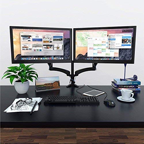SHOPPINGALL Fully Adjustable Dual Gas Spring LCD Monitor Arm Desk Mount Stand with 2 Swing Arms for Two 15"-32" Monitors, Desk Clamp and Grommet Mounting Options in The Box - SA-GM124D-Black