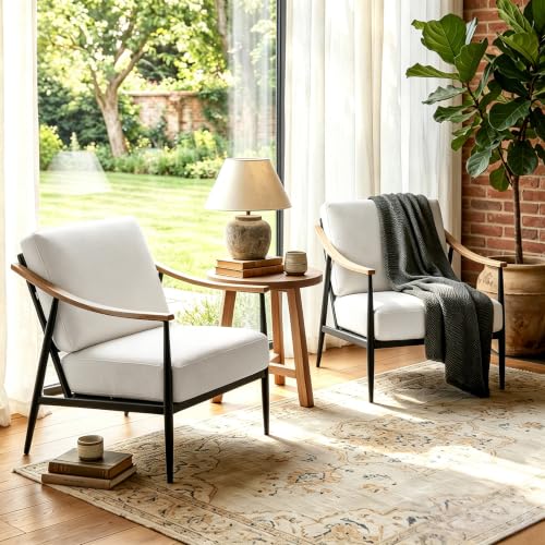 RNKSFX Modern Accent Chairs Set of 2 for Living Room Bedroom Mid Century Arm Chairs Upholstered Office Accent Chairs Comfy Waiting Room Chairs with Metal Frame, Cream White - color: Cream White