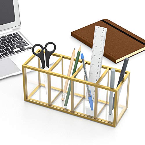 NIUBEE Gold Acrylic Pen Holder 4 Compartments, Desk Office Pencil Cup Desk | Scratch-resistant thick acrylic with 4 slots for pens, pencils, makeup brushes, office, vanity and school use - color: Gold, size: 4 Cube