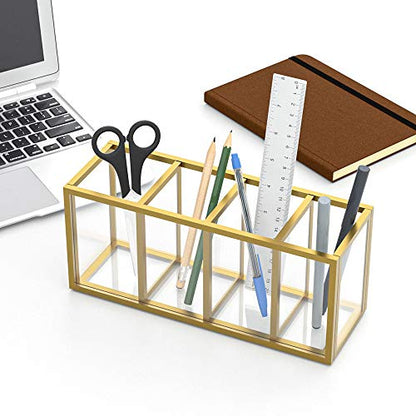 NIUBEE Gold Acrylic Pen Holder 4 Compartments, Desk Office Pencil Cup Desk | Scratch-resistant thick acrylic with 4 slots for pens, pencils, makeup brushes, office, vanity and school use - color: Gold, size: 4 Cube