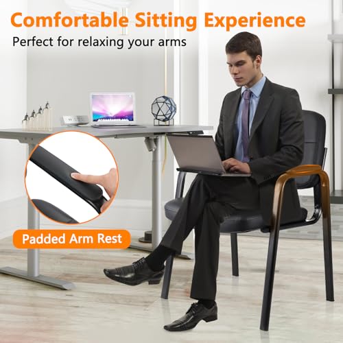 CLATINA Waiting Room Guest Chair, Leather Stationary Office Reception Chairs No Wheel, Comfy Padded Arms, for Conference Room Lobby Home Computer Desk Bedroom Elderly, Black - color: Black, size: 1 Pack