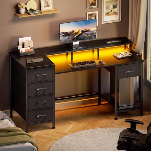 Korfile 47 Inch Gaming Computer Desk with Power Outlets,LED,5 Drawers,Black - color: Black, size: 47 Inch