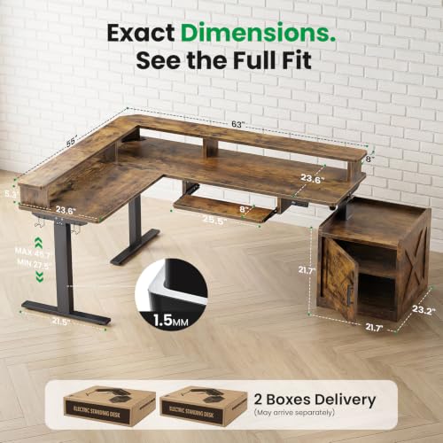 SIAGO 63x55 L-Shaped Standing Desk with Monitor Shelf & Cabinet - color: Rustic Brown, size: 63 x 55 Inch with Cabinet