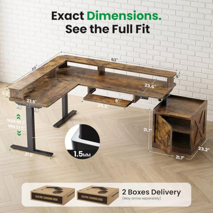SIAGO 63x55 L-Shaped Standing Desk with Monitor Shelf & Cabinet - color: Rustic Brown, size: 63 x 55 Inch with Cabinet