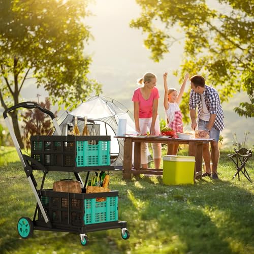 Beyond Collapsible Shopping Cart on Wheels, Shopping Cart with 2 Storage Crates, 2-Tier Multi Functional Utility Cart for Grocery/Warehouse/Office/Supermarket - Blue