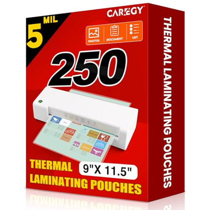 CAREGY Thermal Laminating Pouches,250 Pack Laminating Sheets | 5 Mil, 9 x 11.5 Inches Lamination Sheet Paper for Laminator, Round Corner Letter Size, Office and School Supplies - size: 250PACK-5Mil (9 x 11.5Inches)
