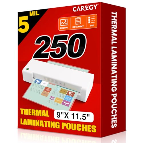 CAREGY Thermal Laminating Pouches,250 Pack Laminating Sheets | 5 Mil, 9 x 11.5 Inches Lamination Sheet Paper for Laminator, Round Corner Letter Size, Office and School Supplies - size: 250PACK-5Mil (9 x 11.5Inches)
