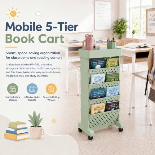 5-Tier Rolling Bookshelf Cart with Wheels, Green - color: Green, size: 5-Tier 26"H