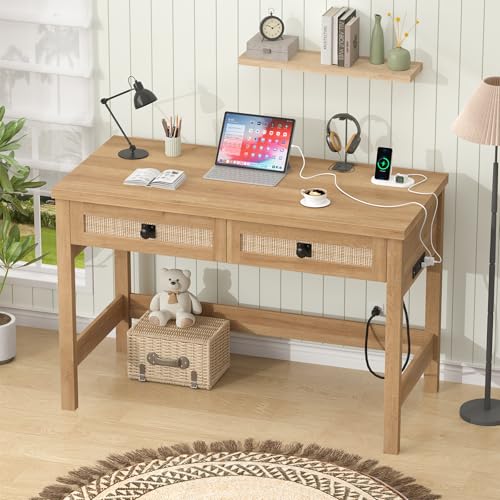 YOMILUVE Rattan Computer Desk with 2 Drawers, 39 Inch Small Desk with Power Outlets, Farmhouse Boho Vanity Desks, Compact Writing Study Table for Small Spaces, Oak - color: Oak