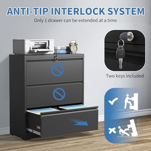 3 Drawer File Cabinet with Lock, Metal Lateral Filing Cabinets - color: Black, size: 3 Drawer_ 35"W
