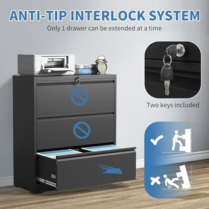 3 Drawer File Cabinet with Lock, Metal Lateral Filing Cabinets - color: Black, size: 3 Drawer_ 35"W