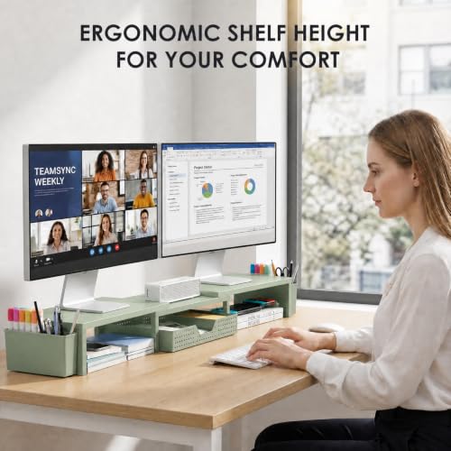 OPNICE Desk Organizers and Accessories, Dual Monitor Stand Riser with Drawer and 2 Pen Holders, Desk Shelf Computer Racks & Printer Stand for Office Workspace Organizers, Desktop Organization (Sage Green) - color: Sage Green