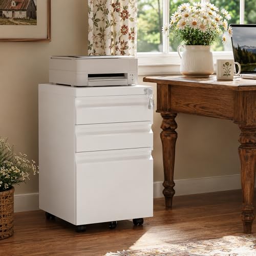 3 Drawer Mobile File Cabinet with Lock, Fully Assembled - color: White