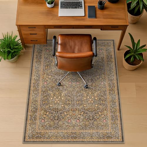 Vintage Gold Brown Office Chair Mat for Hard Wood & Tile Floors, 48x60 Non-Slip Ultra Soft Low Pile Under Desk Rug, Floor Protector for Heavy Duty Office Chair, Machine Washable, Taupe - color: Forest - Gold Brown, size: 4' x 5'