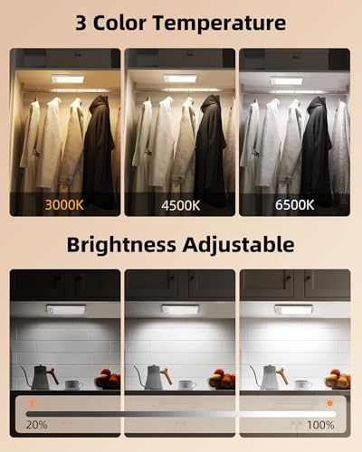 EZVALO 3000mAh Under Cabinet Lighting Wireless, 150LM Super Bright Motion Sensor Light, Rechargeable Under Counter Lights for Kitchen, Dimmable Closet Light with 3-Inch Ultra-Wide Panel 2Pack