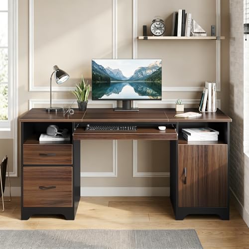 Bestier 59" Office Desk with File Drawer, Keyboard Tray & 2 Drawers, Cherry | File Drawer For Letter/A4/Legal Folders, 2 Storage Drawers, Keyboard Tray, Cable Management, 200 LBS Capacity, Cherry Finish - color: Cherry&black
