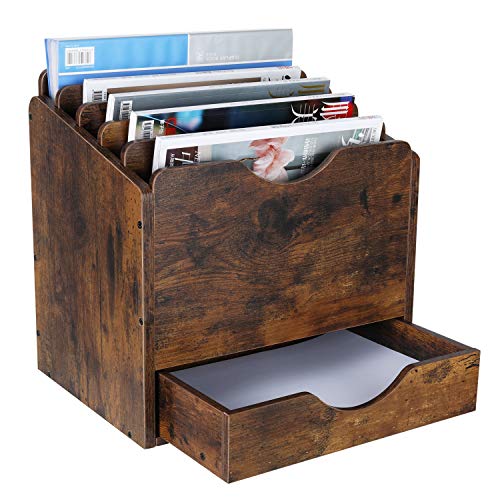 PAG-Mass Wood Desktop File Holder Organizer Mail Sorter with Drawer, for File Folders, Mails, Envelopes, Mailing Supplies or Magazines, 6 Compartments, Antique Brown