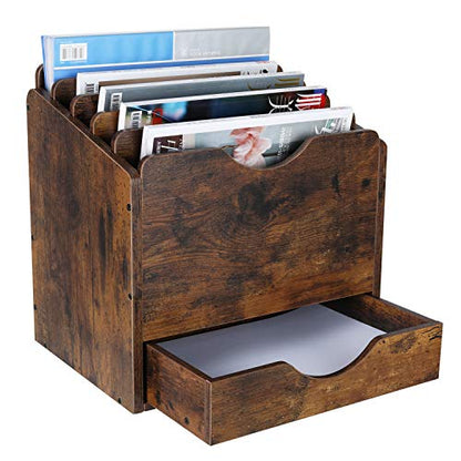 PAG-Mass Wood Desktop File Holder Organizer Mail Sorter with Drawer, for File Folders, Mails, Envelopes, Mailing Supplies or Magazines, 6 Compartments, Antique Brown