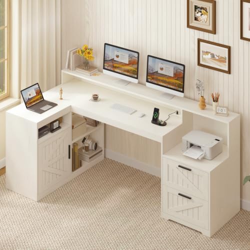 63" Farmhouse L Shaped Desk with Drawers and Printer Stand for Home Office - color: White