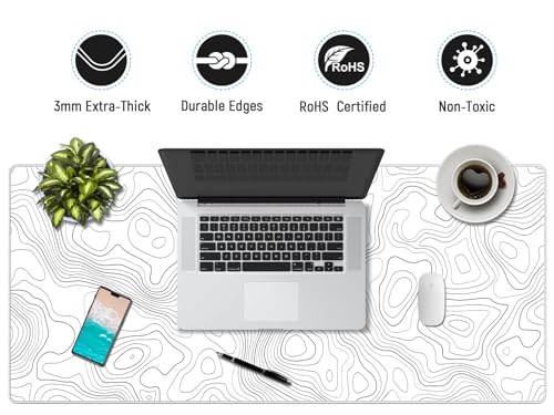 JIALONG White Topographic Large Gaming Mouse Pad, XXL Mousepad, Big Mouse Mat Desk Pad for Keyboard and Mouse, Gaming Computer Laptop PC Desk Office Accessories - color: White Topographic