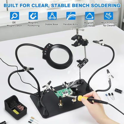 Magnetic Helping Hands Soldering Station with 5X LED Magnifying Lamp, 6 Flexible Arms, 360° Soldering Clamp, Heavy Duty Base, Magnetic Third Hand Tool for Precision Soldering, Electronics & DIY