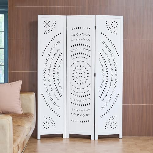 66.9Inch Folding Room Divider, 3 Panels Wood Carved Privacy Screens, Free Assembled Freestanding Partition for Home Office Restaurant Bedroom (White-Washed) - color: White-washed, size: 3 Panels