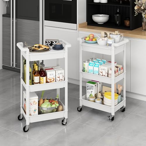 MIOCASA Utility Rolling Cart with Cover Top Board, 3-Tier Kitchen Storage Organization, Art Cart with Wheels for Office, Classroom, Living Room, Kitchen, Bathroom, White, Plastic - size: 3-Tier, style: White