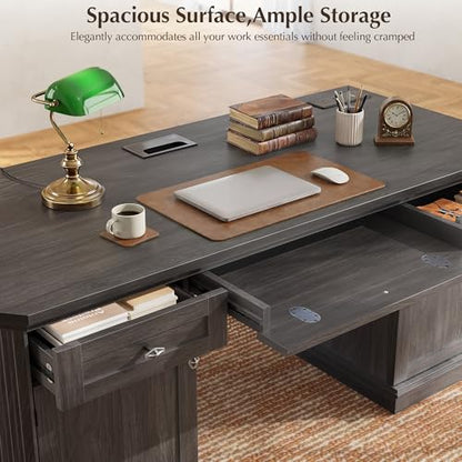 59" Classic Executive Desk with Storage, Victorian Executive Desk with Charging Station, Keyboard Tray, 3 Drawers & 2 Cabinet Storage & 2 Pedestals, Easy Assembly, Black - color: Black