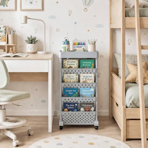 5-Tier Rolling Bookshelf Cart with Wheels, Gray - color: Grey, size: 5-Tier 26"H