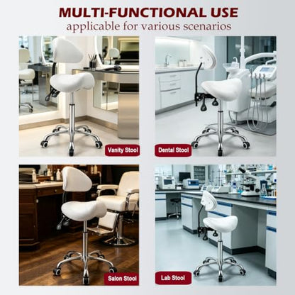Kaleurrier Saddle Stool with Back Rest,Rolling Saddle Chair for Salon - color: White, style: With Back