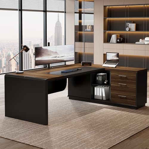 Tribesigns 81-Inch L-Shaped Office Desk, Large Commercial Office Desk with Drawers and File Cabinet, Modern Professional Business Furniture Workstations with Storage Shelves, Brown & Black - color: Brown & Black